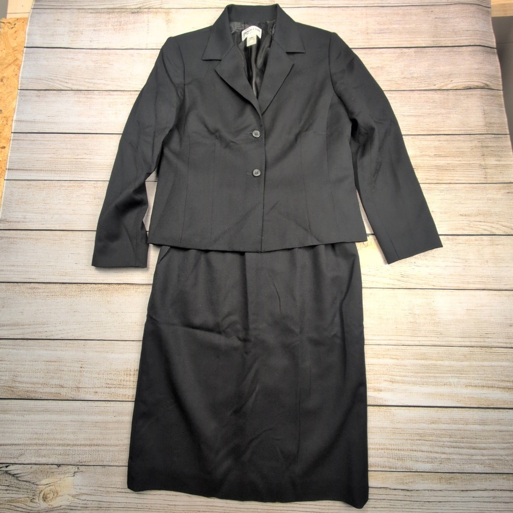 Pendleton Womens Black Petite Wool Suit Skirt Blazer Set Size 8 10